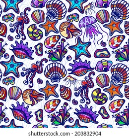 Abstract colors pattern of marine life. Shells, octopus, seaweed, starfish, seamless pattern for summer, for backgrounds, decorations, site.