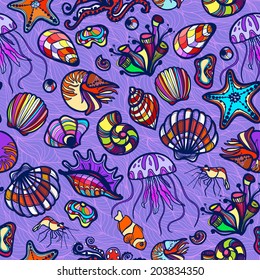 Abstract colors pattern of marine life. Shells, octopus, seaweed, starfish, seamless pattern for summer, for backgrounds, decorations, site.
