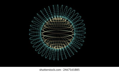 Abstract colors sci-fi sphere with particles and lines. Technology network connection on world. Futuristic vector illustration. Global digital connections ai. 3D wireframe geometric sphere.