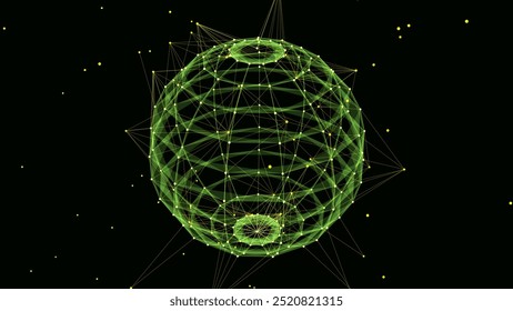 Abstract colors sci-fi sphere with particles and lines. Technology network connection on world. Futuristic vector illustration. Global digital connections ai. 3D wireframe geometric sphere.