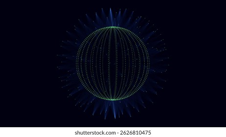 Cores abstratas esfera sci-fi com partículas e linhas. Conexão de rede de tecnologia no mundo. Ilustração de vetor futurista. Conexões digitais globais ai. Esfera geométrica 3D wireframe.