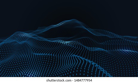 Abstract colour wave dots on black background. 3d. Big data. Network connection. Technology background.