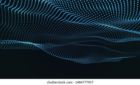 Abstract colour wave dots on black background. 3d. Big data. Network connection. Technology background.
