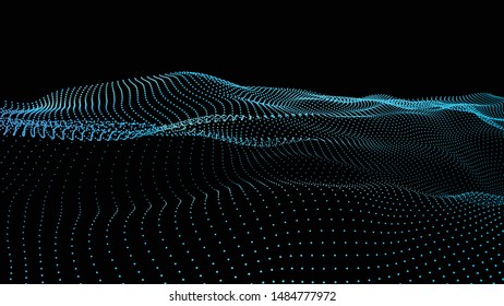 Abstract colour wave dots on black background. 3d. Big data. Network connection. Technology background.