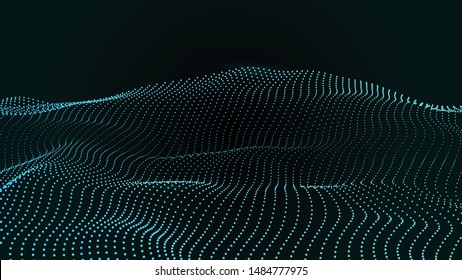 Abstract colour wave dots on black background. 3d. Big data. Network connection. Technology background.