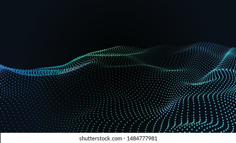 Abstract colour wave dots on black background. 3d. Big data. Network connection. Technology background.