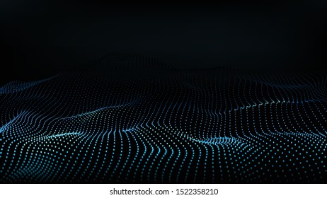 Abstract colour wave dots on black background. 3d. Big data. Network connection. Technology background.