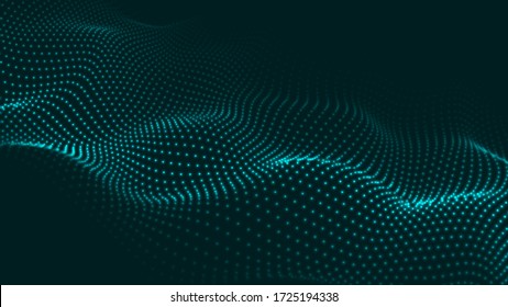 Abstract colour wave dots on black background. 3d. Big data. Network connection. Technology background.