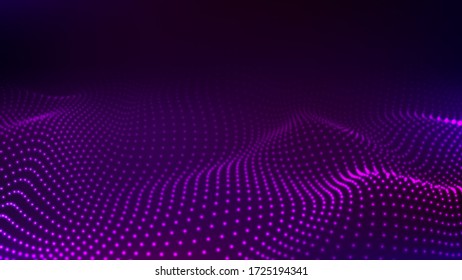 Abstract colour wave dots on black background. 3d. Big data. Network connection. Technology background.