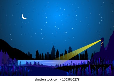 Abstract coloured light house and sea landscape in vivid vector. purple sea with starry night. Garden grown in the dark. beautiful vector illustration. Sea and mountain contrast wallpaper background