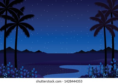 Abstract coloured sky and sea landscape in vivid vector. Night sea with starry night. Garden grown in the dark. beautiful vector landscape