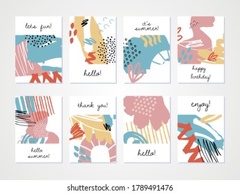 Resumen conjunto de fondo colorido. Plantillas dibujadas a mano para el diseño de tarjetas, volantes e invitaciones. Ilustración vectorial.
