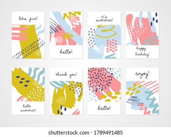 Resumen conjunto de fondo colorido. Plantillas dibujadas a mano para el diseño de tarjetas, volantes e invitaciones. Ilustración vectorial.
