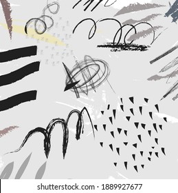 Resumen de pincel y pinceladas de color negro y gris, fondo de patrón dibujado a mano. Niños creativos y lindos dibujando dibujos y dibujos de fondo de garabatos
