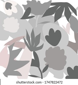 Resumen de color negro, gris y blanco adorable flores y fondo de patrón de hojas. Creativo lindo de mano floral dibujada y garabatos para tu diseño.