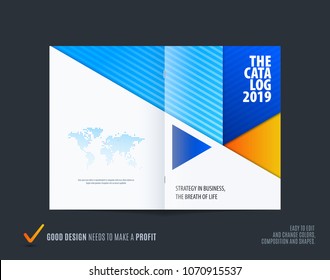 Abstract colourful blue brochure in material design paper cut style, modern catalog, centerfold cover