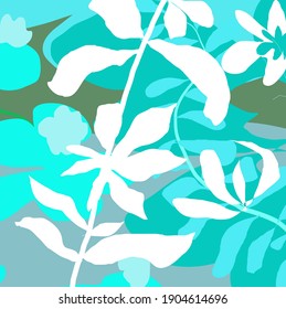 Abstract colourful blue sky cute flowers and branch pattern background. Creative lovely florals , leaves with hand drawn and doodles for your design