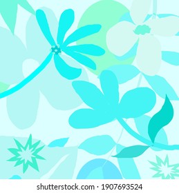 Resumen cielo azul colorido flores lindas y fondo de patrón de rama. Flores creativas y adorables, hojas dibujadas a mano y garabatos para tu diseño