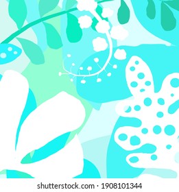 Resumen cielo azul colorido flores lindas y fondo de patrón de rama. Flores creativas y adorables, hojas dibujadas a mano y garabatos para tu diseño