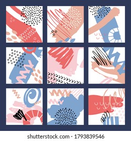 Resumen del conjunto de fondo colorido. Plantilla dibujada a mano para diseño de tarjetas, volantes, publicaciones en medios sociales y invitación. Ilustración vectorial. Pincel texturas, garabatos, elementos de collage.