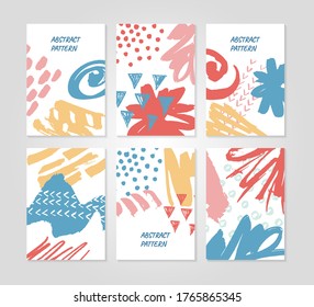Abstract colourful collage backgrounds set. Hand drawn templates for card, flyer and invitation design. Vector illustration.
