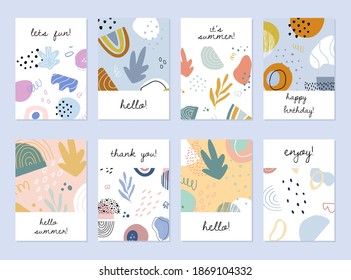 Abstract colourful collage backgrounds set. Hand drawn templates for card, flyer and invitation design. Vector illustration. Trendy natural and pastel colors.