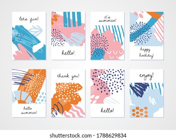 Abstract colourful collage of strokes and patterns background set and text. Hand drawn templates for card, flyer and invitation design. Vector illustration.