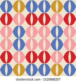 Abstract colourful curved shapes in a seamless repeat vector pattern. A bright geometric repeat design background.
