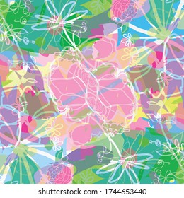 Abstract colourful cute flowers pattern background. Creative lovely florals with hand drawn and doodles for your design