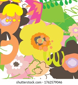 Abstract colourful cute flowers pattern background. Creative lovely florals with hand drawn and doodles for your design