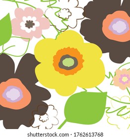 Abstract colourful cute flowers pattern background. Creative lovely florals , leaves with hand drawn and doodles for your design