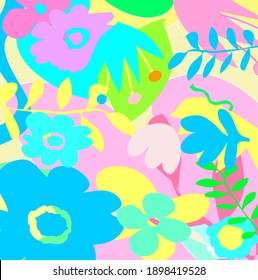 Abstract colourful  cute flowers pattern background. Creative lovely florals , leaves with hand drawn and doodles for your design