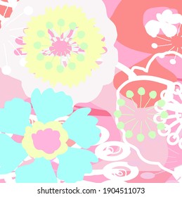 Abstract colourful  cute flowers pattern background. Creative lovely florals , leaves with hand drawn and doodles for your design