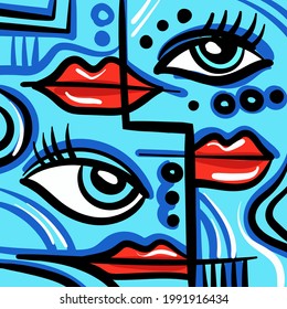 Abstract colourful face, lips and eyes. Hand drawn vector illustration.