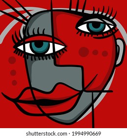 Abstract colourful face, lips and eyes. Artistic modern stylish print. Hand drawn vector illustration.