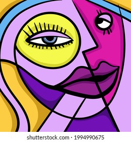 Abstract colourful face, lips and eyes. Artistic modern stylish print. Hand drawn vector illustration.