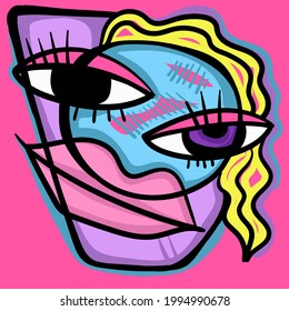 Abstract colourful face, lips and eyes. Artistic modern stylish print. Hand drawn vector illustration.