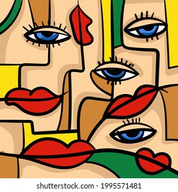 Abstract colourful face, lips and eyes. Artistic modern stylish print. Hand drawn vector illustration.