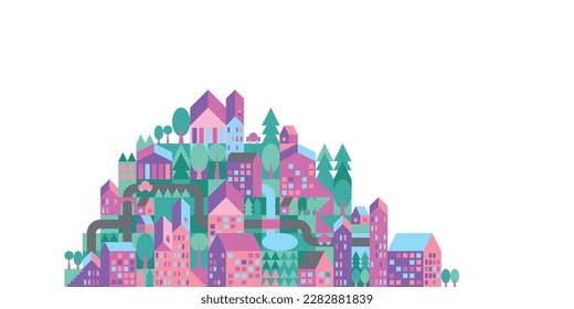 Abstract colourful geometric city. Vector illustration in a simple minimalistic geometric style - urban landscape with buildings, hills and trees. Bauhaus style.