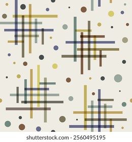 Abstract colourful geometric pattern with line and dots on beige background. Yellow and blue Plaid pattern for scarf and textile print.