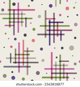 Abstract colourful geometric pattern with line and dots on beige background. Pink and green Plaid pattern for scarf and textile print.