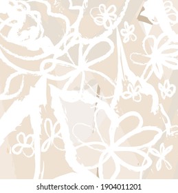 Abstract colourful gray cute flowers paintbrush pattern background. Creative lovely florals , leaves with hand drawn and doodles for your design