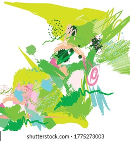 Resumen de pincel y trazos de pintura verde y rosa coloridos, fondo de patrón de líneas garabateadas. creativo color verde a mano y salpicado de colores para su diseño. Bonitos tonos de colores fantasía rayas y grunge