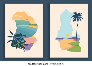 Abstract colourful landscape poster collection. Sea and Mountains landscapes with palms and sunset in the sky. Prints with the shape of maps. Contemporary art print template set. Natural backgrounds for your social media. 