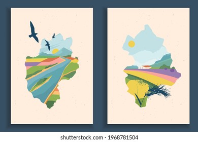 Abstract colourful landscape poster collection. Sea and Mountains landscapes with sun and moon in the sky. Prints with the shape of maps. Contemporary art print template set. 
