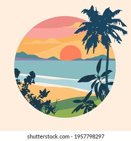 Abstract colourful landscape poster. Round prints with sky, moon, ocean, beach, lake, mountains, tropical view. Contemporary art print template. 