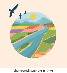 Abstract colourful landscape poster. Round prints with the sky, sun, fields, birds, river, top view and island, countryside view. Contemporary art print template. 
