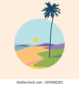 Abstract colourful landscape poster. Round prints with the sky, moon, ocean, beach, palm, beach, mountains, tropical view. Contemporary art print template. 