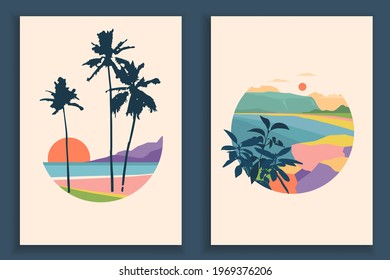 Abstract colourful landscape posters. Round prints with sky, field, house, countryside view, sea, beach and palms. Contemporary art print template or social media post.