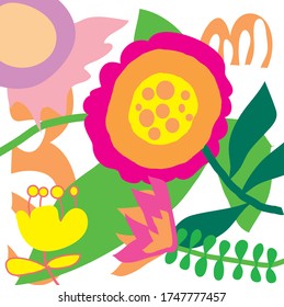 Abstract colourful lovely flowers and leaves pattern background. Creative cute floral hand drawn and doodles for your design.